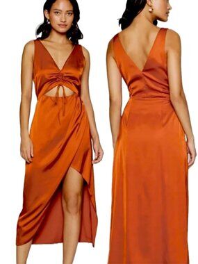 Abercrombie & Fitch | Cinch-Front Satin Cutout Midi Dress Rust Orange | Size XS